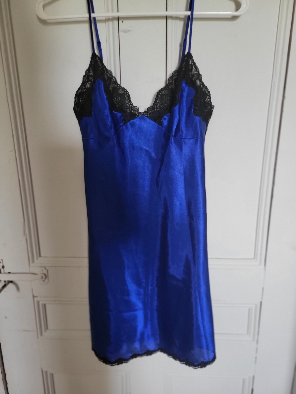 La SENZA Small Royal Blue Satin Slip with Black Lace Trim